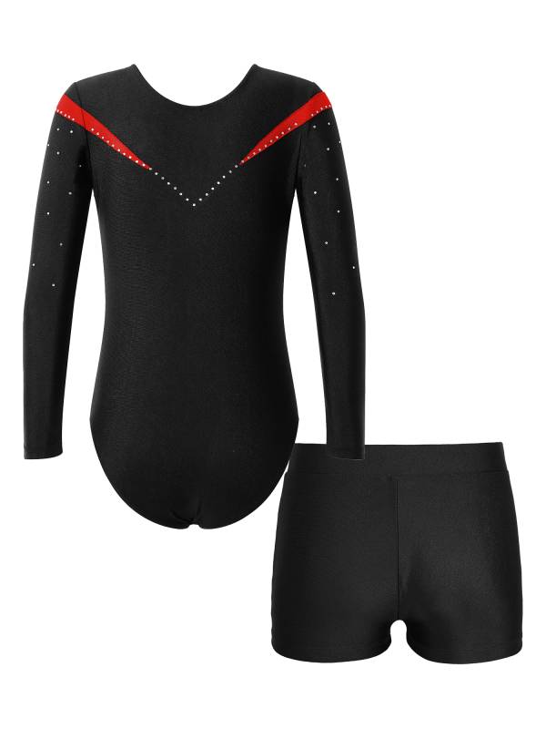 Kids Girls 2pcs Long Sleeve Slim Fit Leotard and Shorts Gymnastics Set thumb