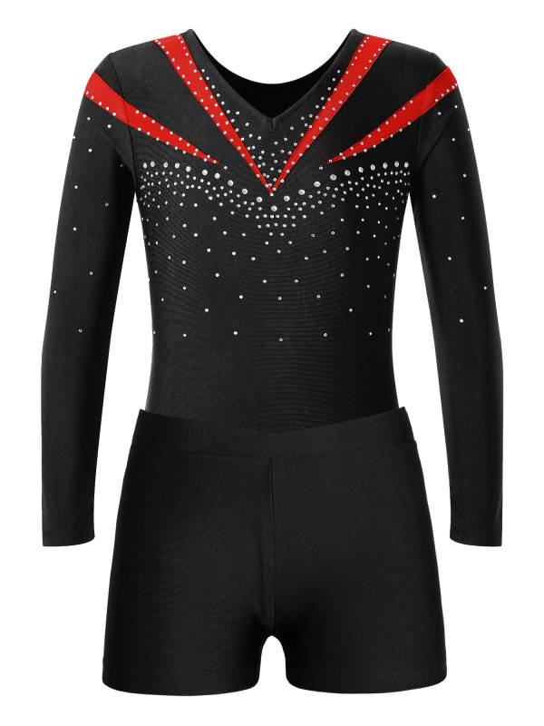 Kids Girls 2pcs Long Sleeve Slim Fit Leotard and Shorts Gymnastics Set thumb