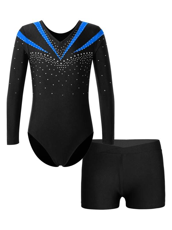 Kids Girls 2pcs Long Sleeve Slim Fit Leotard and Shorts Gymnastics Set thumb