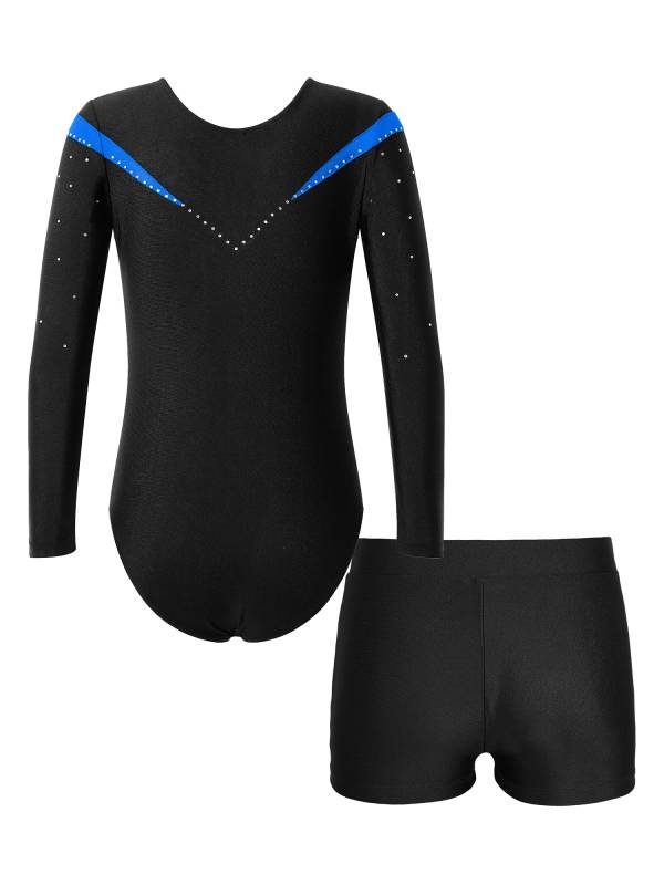 Kids Girls 2pcs Long Sleeve Slim Fit Leotard and Shorts Gymnastics Set thumb