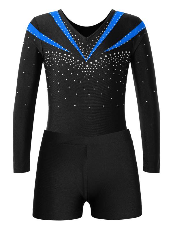 Kids Girls 2pcs Long Sleeve Slim Fit Leotard and Shorts Gymnastics Set thumb
