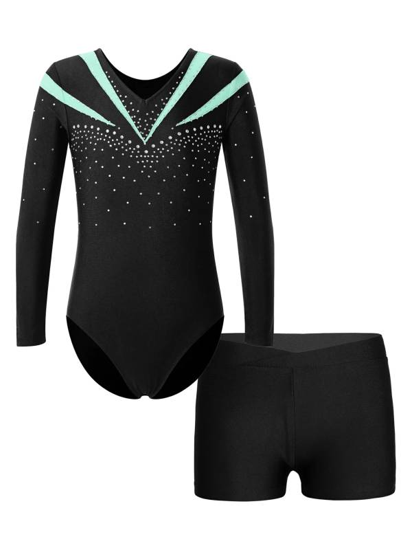 Kids Girls 2pcs Long Sleeve Slim Fit Leotard and Shorts Gymnastics Set thumb