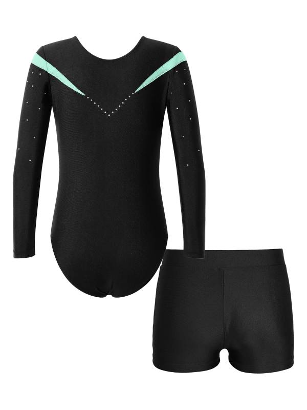 Kids Girls 2pcs Long Sleeve Slim Fit Leotard and Shorts Gymnastics Set thumb