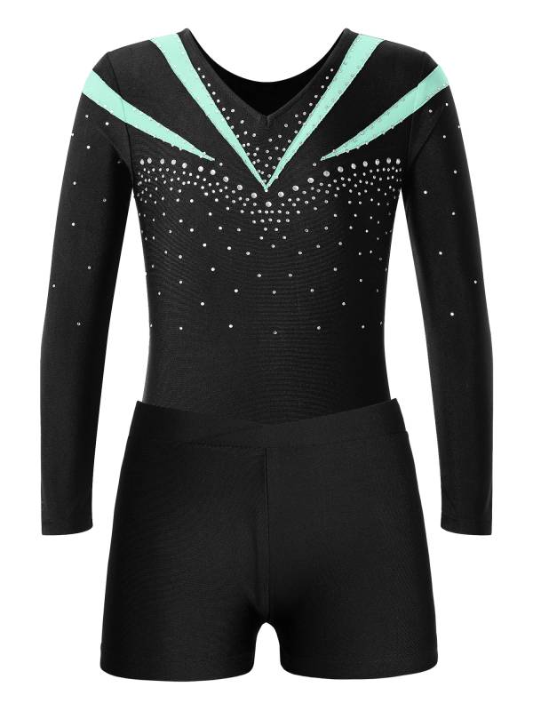 Kids Girls 2pcs Long Sleeve Slim Fit Leotard and Shorts Gymnastics Set thumb