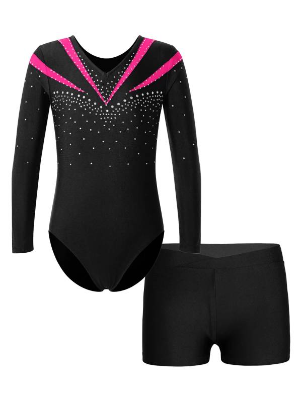 Kids Girls 2pcs Long Sleeve Slim Fit Leotard and Shorts Gymnastics Set thumb