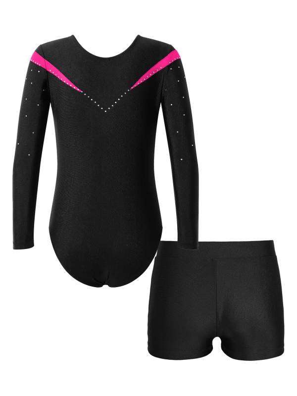 Kids Girls 2pcs Long Sleeve Slim Fit Leotard and Shorts Gymnastics Set thumb