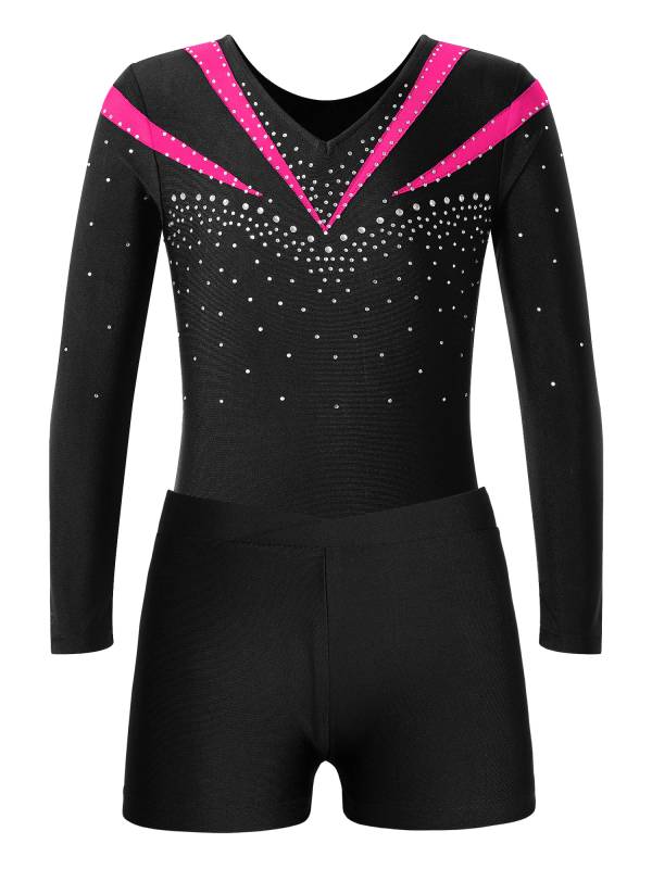 Kids Girls 2pcs Long Sleeve Slim Fit Leotard and Shorts Gymnastics Set thumb