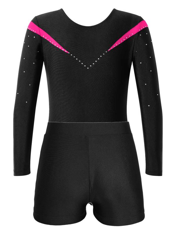 Kids Girls 2pcs Long Sleeve Slim Fit Leotard and Shorts Gymnastics Set thumb