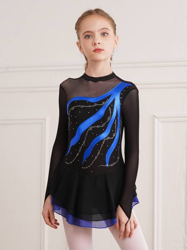 Kids Girls Long Sleeve Rhinestone Hollow Back Skating Dance Dress thumb