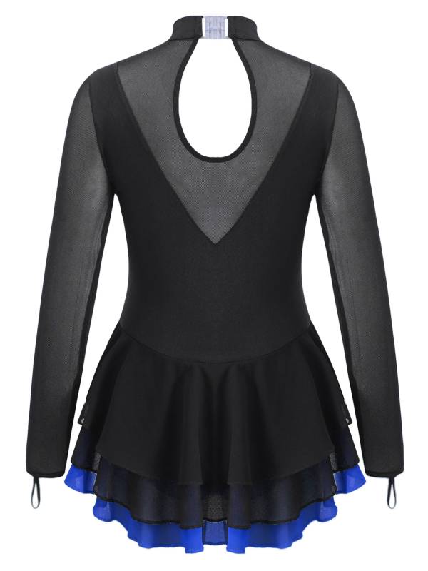 Kids Girls Long Sleeve Rhinestone Hollow Back Skating Dance Dress thumb