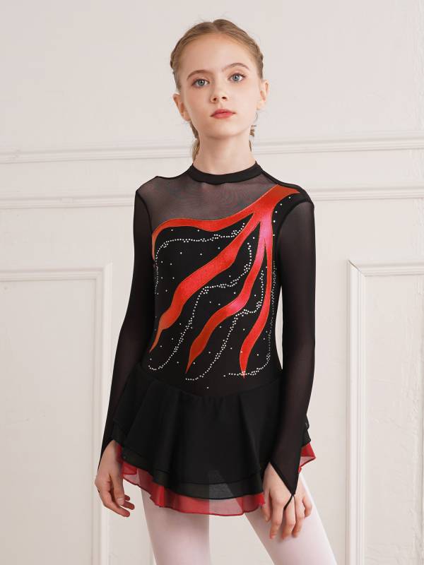 Kids Girls Long Sleeve Rhinestone Hollow Back Skating Dance Dress thumb