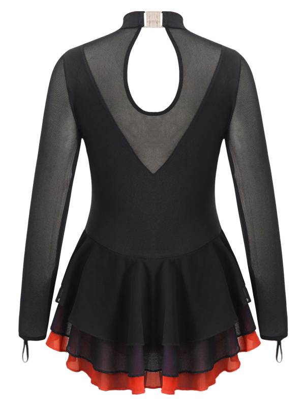 Kids Girls Long Sleeve Rhinestone Hollow Back Skating Dance Dress thumb