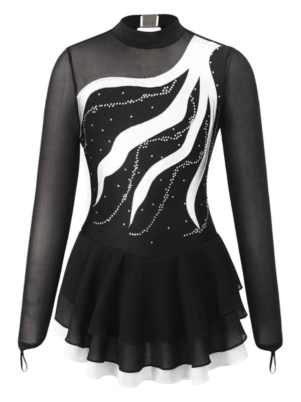 Kids Girls Long Sleeve Rhinestone Hollow Back Skating Dance Dress thumb