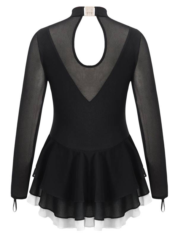 Kids Girls Long Sleeve Rhinestone Hollow Back Skating Dance Dress thumb