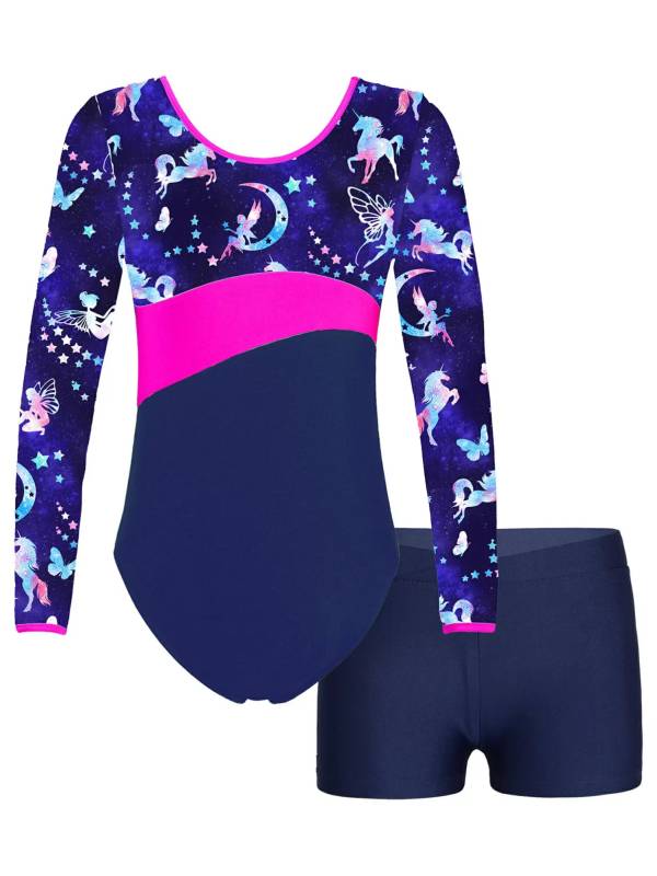 Kids Girls Long Sleeve Printed Leotard with Shorts Sports Sets thumb