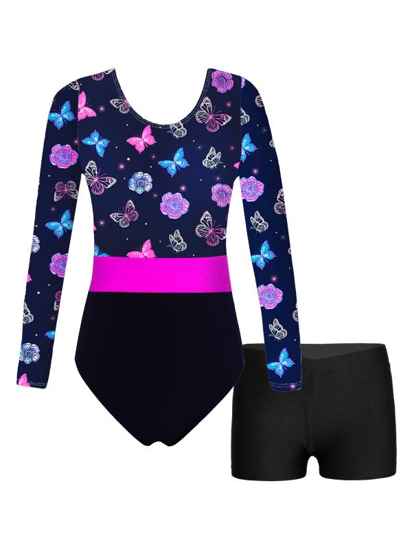 Girls 2pcs Long Sleeve Round Neck Leotard and Shorts Gymnastics Set thumb