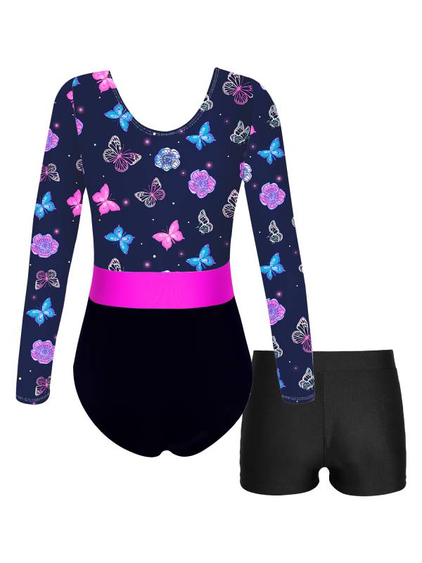 Girls 2pcs Long Sleeve Round Neck Leotard and Shorts Gymnastics Set thumb