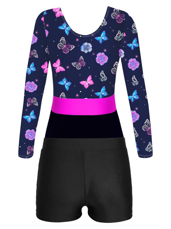 Girls 2pcs Long Sleeve Round Neck Leotard and Shorts Gymnastics Set thumb