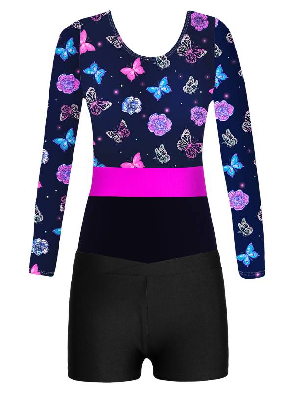 Girls 2pcs Long Sleeve Round Neck Leotard and Shorts Gymnastics Set thumb