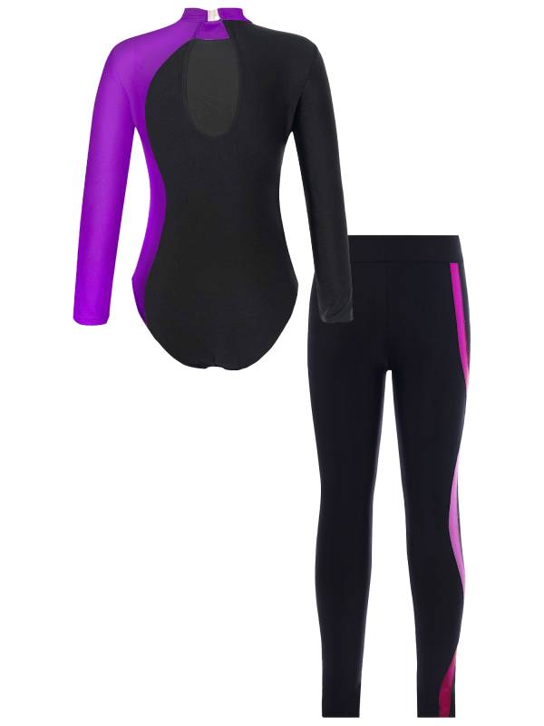 Kids Girls 2pcs Long Sleeve Rhinestones Leotard and Legging Pants Dance Set thumb