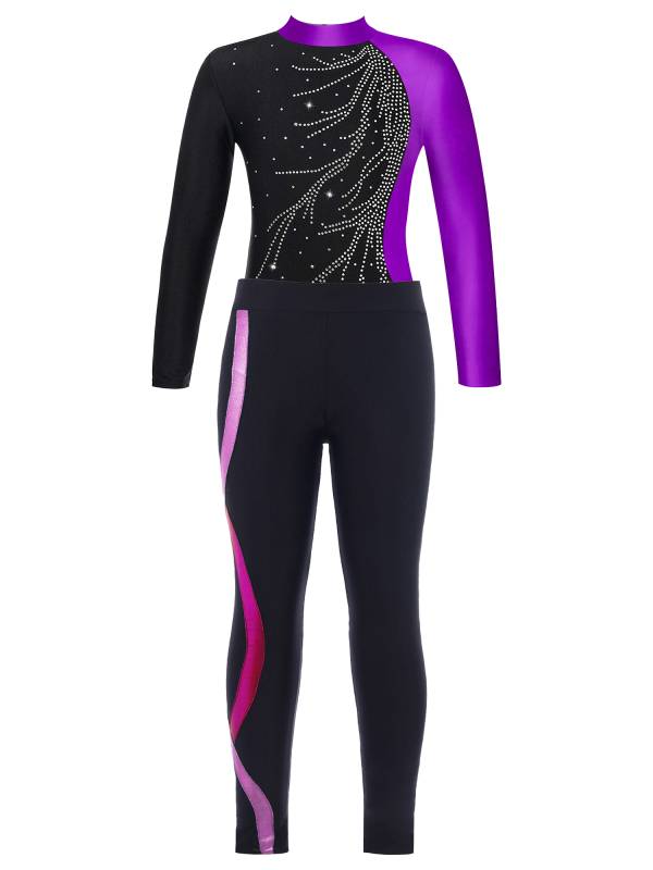 Kids Girls 2pcs Long Sleeve Rhinestones Leotard and Legging Pants Dance Set thumb