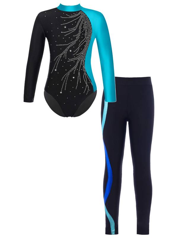 Kids Girls 2pcs Long Sleeve Rhinestones Leotard and Legging Pants Dance Set thumb