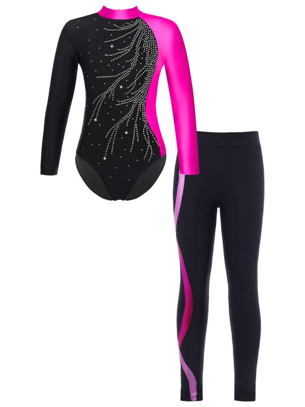 Kids Girls 2pcs Long Sleeve Rhinestones Leotard and Legging Pants Dance Set thumb
