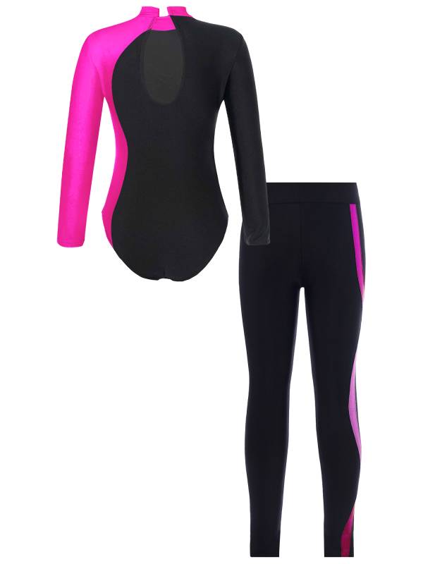 Kids Girls 2pcs Long Sleeve Rhinestones Leotard and Legging Pants Dance Set thumb