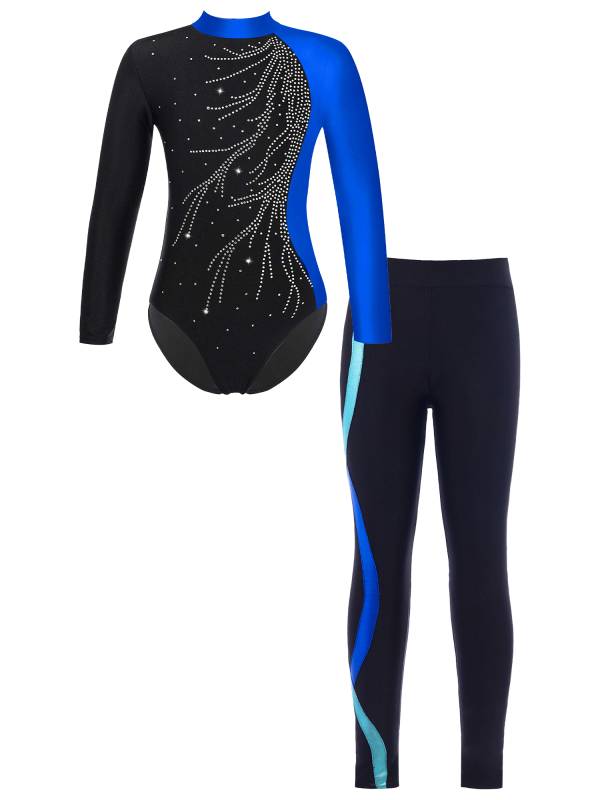 Kids Girls 2pcs Long Sleeve Rhinestones Leotard and Legging Pants Dance Set thumb