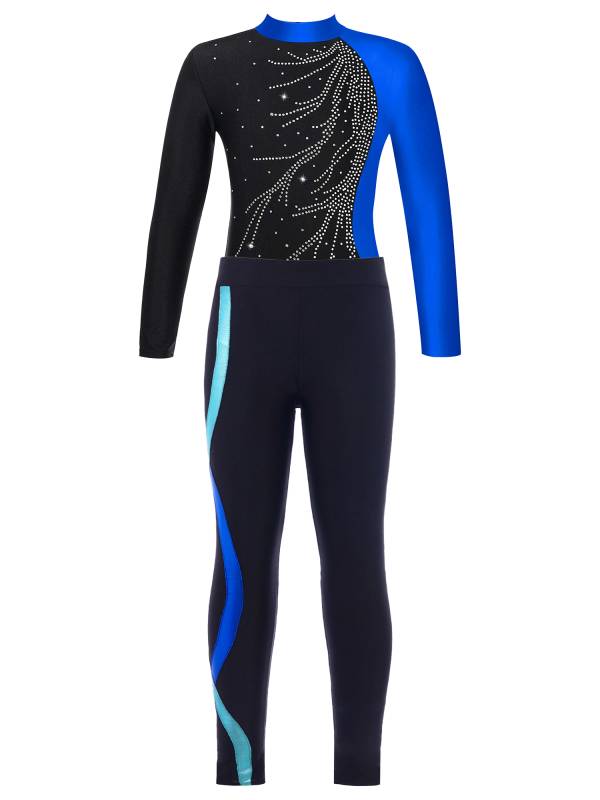 Kids Girls 2pcs Long Sleeve Rhinestones Leotard and Legging Pants Dance Set thumb