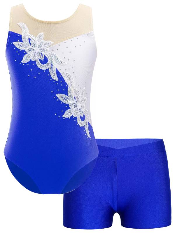 Kids Girls Sleeveless Glittery Sequins Skating Leotard and Shorts Set thumb