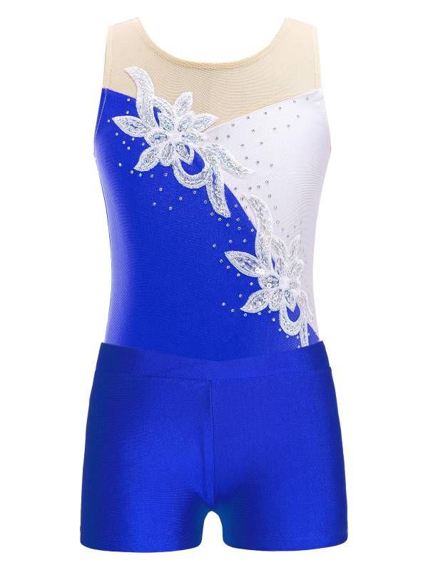 Kids Girls Sleeveless Glittery Sequins Skating Leotard and Shorts Set thumb