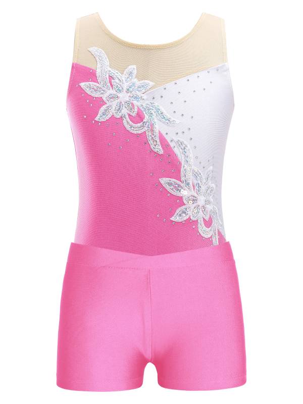 Kids Girls Sleeveless Glittery Sequins Skating Leotard and Shorts Set thumb