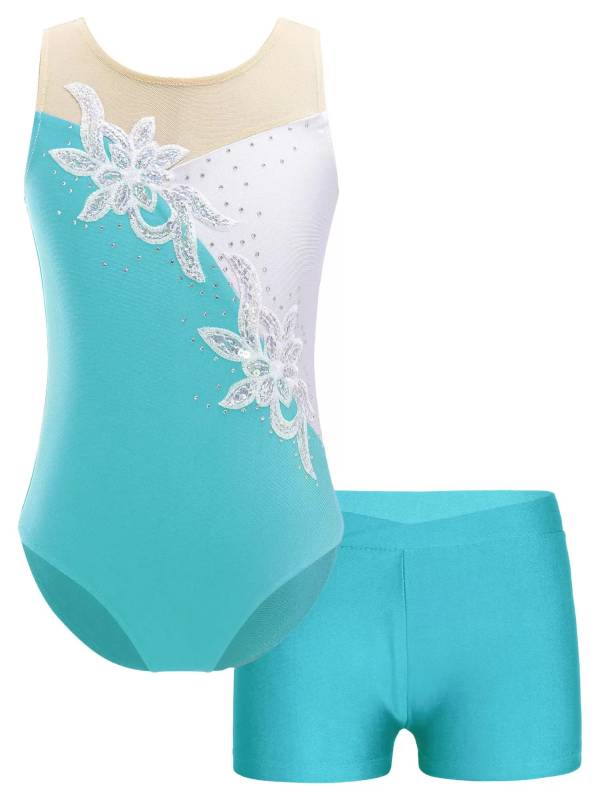 Kids Girls Sleeveless Glittery Sequins Skating Leotard and Shorts Set thumb