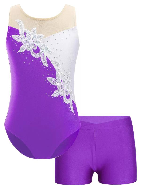 Kids Girls Sleeveless Glittery Sequins Skating Leotard and Shorts Set thumb