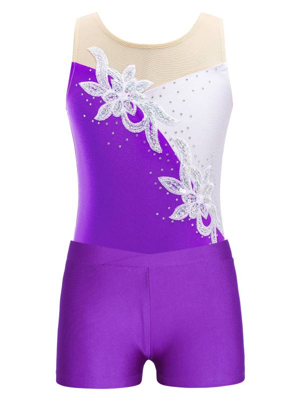 Kids Girls Sleeveless Glittery Sequins Skating Leotard and Shorts Set thumb