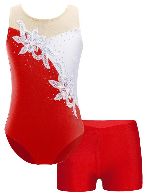 Kids Girls Sleeveless Glittery Sequins Skating Leotard and Shorts Set thumb