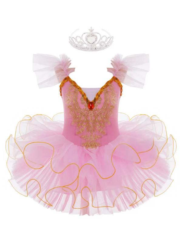 Kids Girls Ruffle Flutter Sleeve Sequin Ballet Dance Tutu Dress thumb