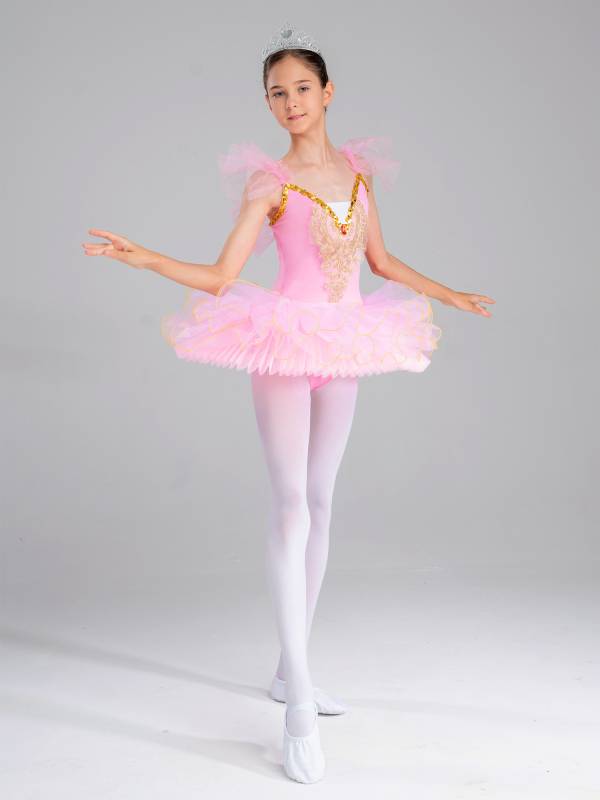 Kids Girls Ruffle Flutter Sleeve Sequin Ballet Dance Tutu Dress thumb