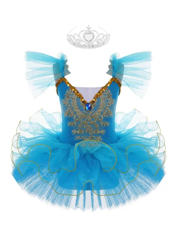Kids Girls Ruffle Flutter Sleeve Sequin Ballet Dance Tutu Dress thumb