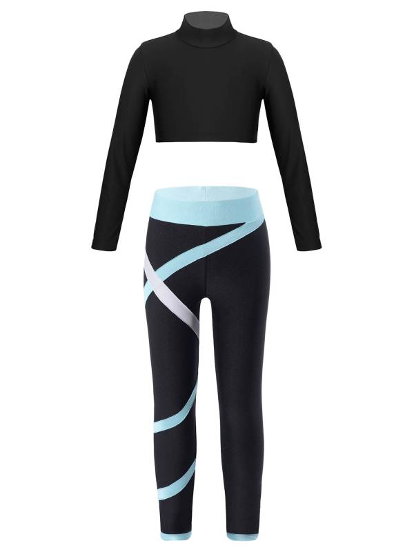 Kids Girls 2pcs Long Sleeves Crop Top and Colorblock Leggings Sports Set thumb