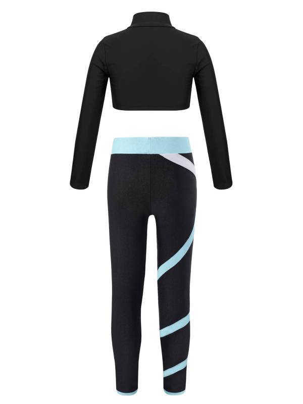 Kids Girls 2pcs Long Sleeves Crop Top and Colorblock Leggings Sports Set thumb