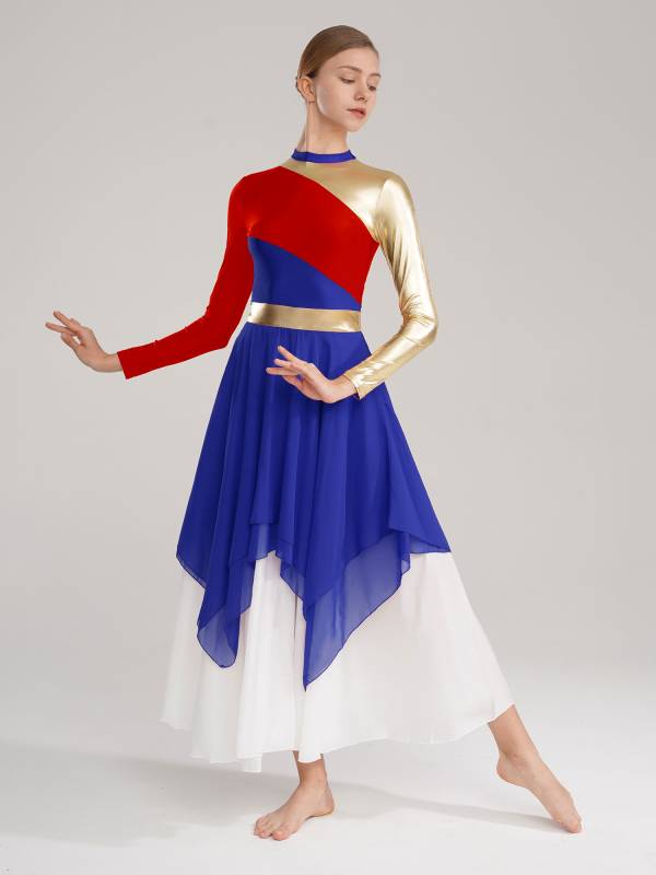 Women Color Block Long Sleeve High Low Praise Dance Dress(no white underdress) thumb