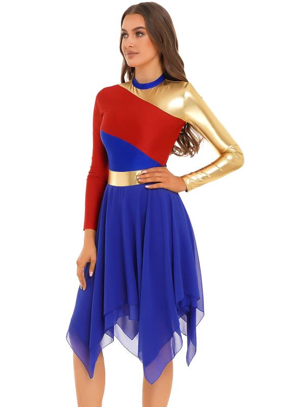 Women Color Block Long Sleeve High Low Praise Dance Dress(no white underdress) thumb