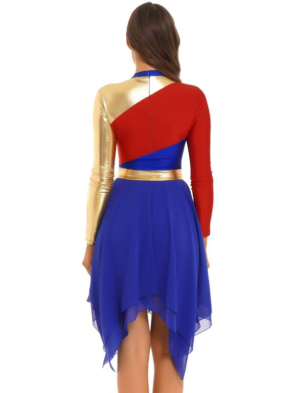 Women Color Block Long Sleeve High Low Praise Dance Dress(no white underdress) thumb