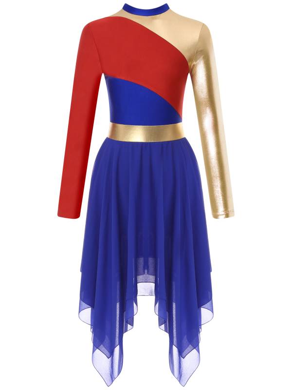 Women Color Block Long Sleeve High Low Praise Dance Dress(no white underdress) thumb