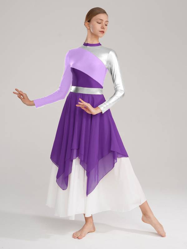Women Color Block Long Sleeve High Low Praise Dance Dress(no white underdress) thumb