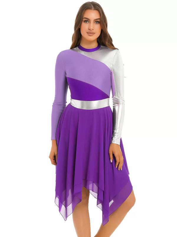 Women Color Block Long Sleeve High Low Praise Dance Dress(no white underdress) thumb
