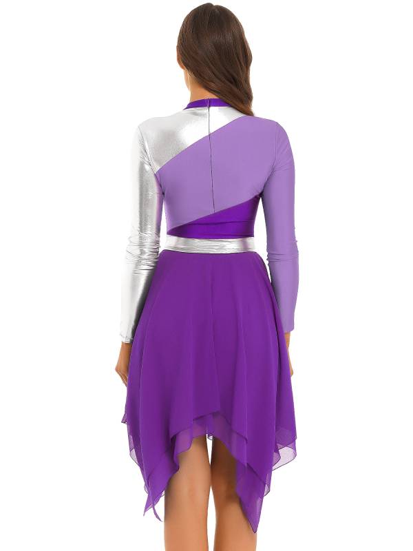 Women Color Block Long Sleeve High Low Praise Dance Dress(no white underdress) thumb