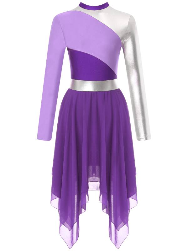 Women Color Block Long Sleeve High Low Praise Dance Dress(no white underdress) thumb